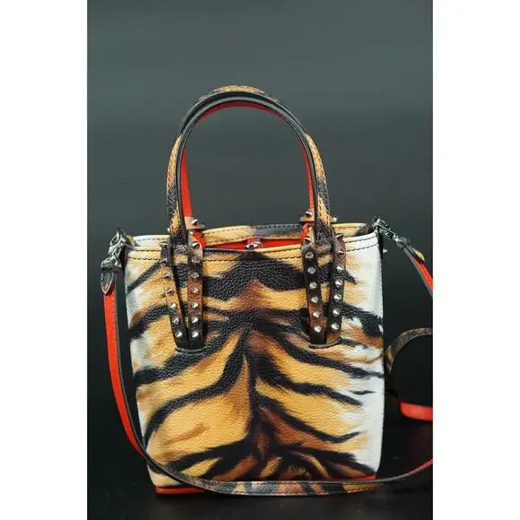 Christian Louboutin Mini Cabata Tiger Print Leather Tote Bag Brown Red NWT $950